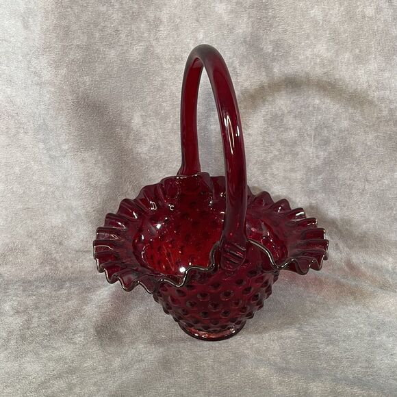 Fenton_Ruby_Red_Pressed_Glass_  Vintage Fenton Art Glass Ruby Red Amberina Hobnail Basket
